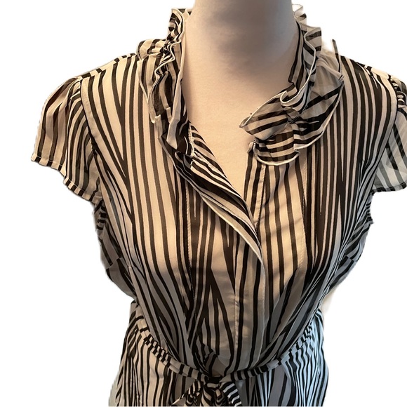 Worthington Sheer Black & White Short Sleeve Button Down Ruffled Collar Top PL - Picture 2 of 11